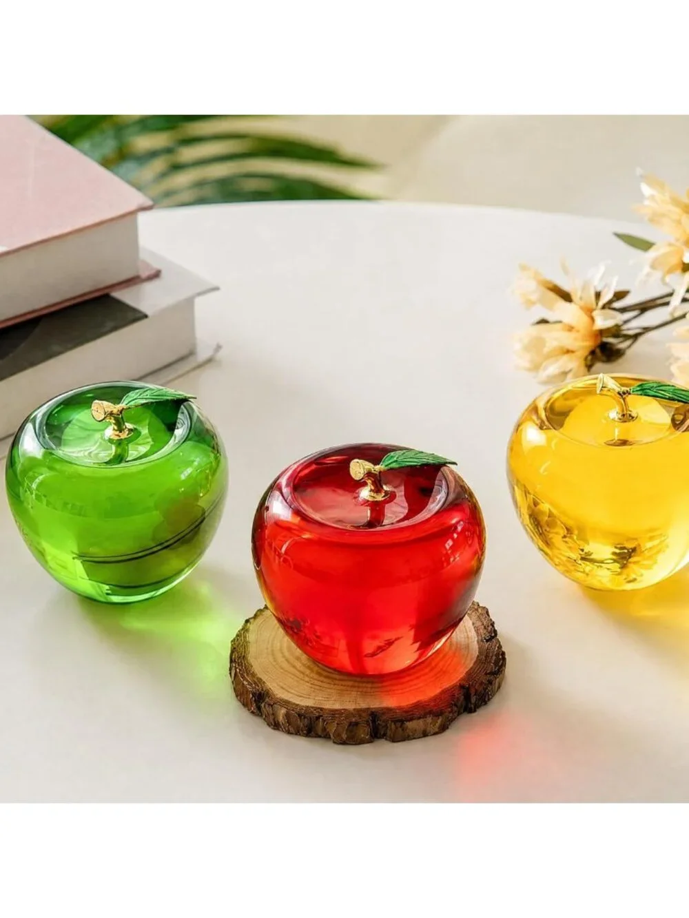 Elegant Crystal Apple Paperweight - Clear Glass Decor with Gold Stem, Perfect